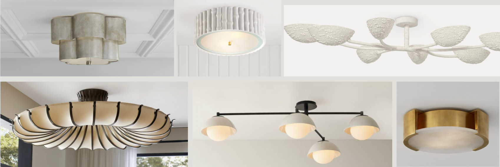 Collection of decorative ceiling light fixtures in modern and sculptural designs, including drum shades, leaf motifs, brass accents, and multi-arm silhouettes—displayed in soft neutrals, gold, and black finishes for a refined contemporary look.        