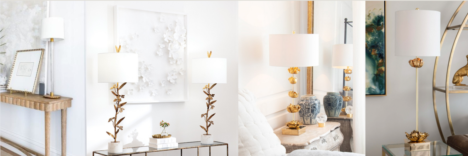 Elegant table and floor lamps with sculptural gold bases and white shades, styled in bright, coastal-inspired interiors with console tables, artwork, and floral wall accents