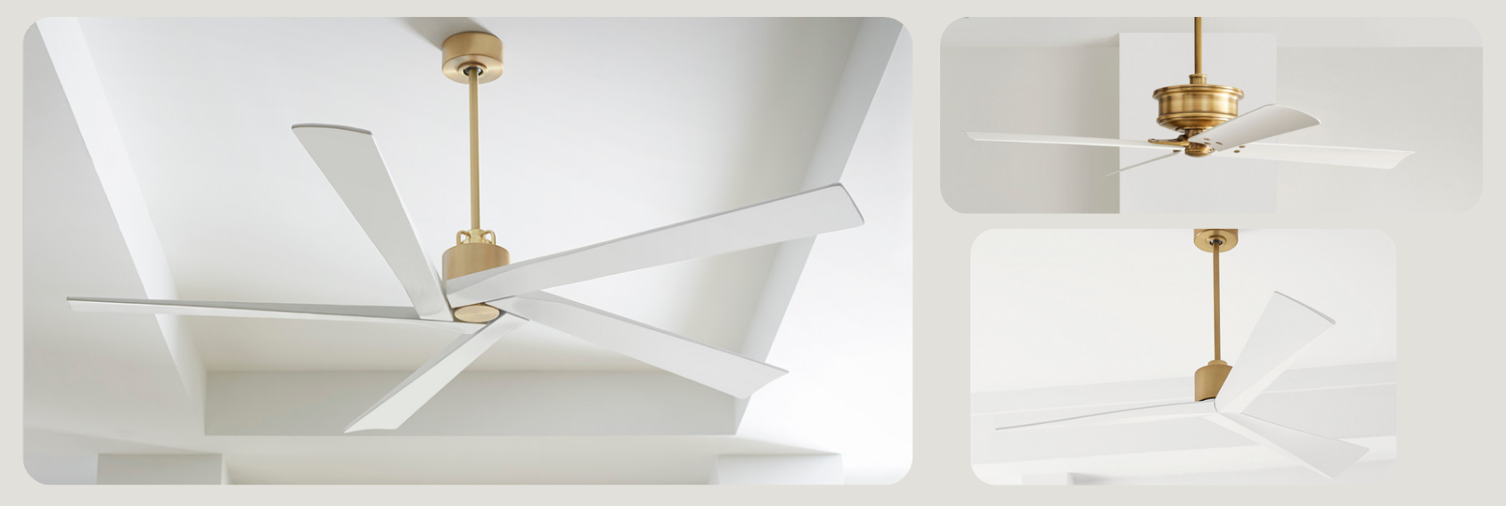 Modern white ceiling fans with sleek blades and brass accents, mounted on vaulted white ceilings—designed for minimalist, coastal-inspired interiors.