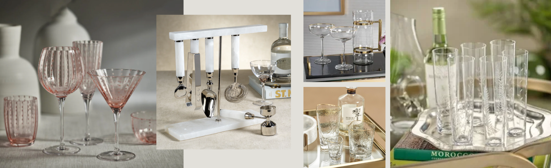 A curated collection of elegant barware, including crystal wine glasses, cocktail shakers, mixing tools, and decanters, arranged in stylish settings with neutral and pastel tones for a refined, upscale aesthetic.