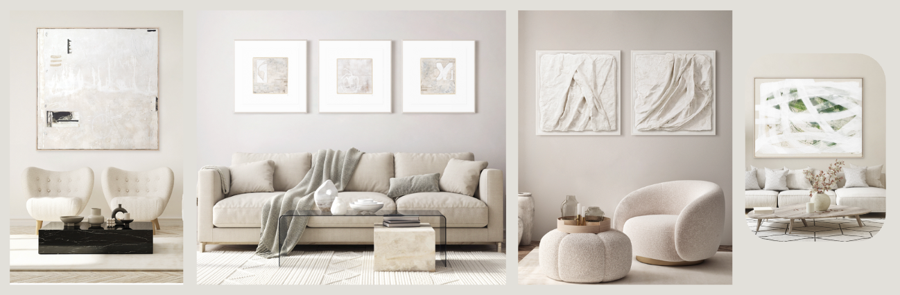 A series of modern living room setups featuring neutral-toned furniture including sofas, armchairs, and ottomans. Each space is styled with abstract wall art, minimalist coffee tables, and soft lighting, creating a calm, sophisticated atmosphere.