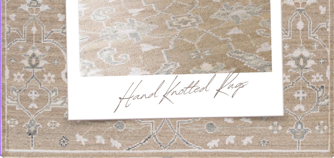 Beige and ivory hand-knotted rug with traditional floral and geometric motifs, overlaid with a close-up photo and handwritten label reading "Hand Knotted Rugs"