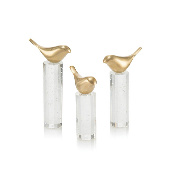 SET OF THREE PERCHED BRASS BIRDS
