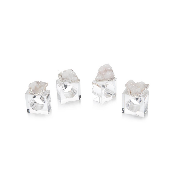 SET OF FOUR WHITE AND SILVER GEODE NAPKIN RINGS