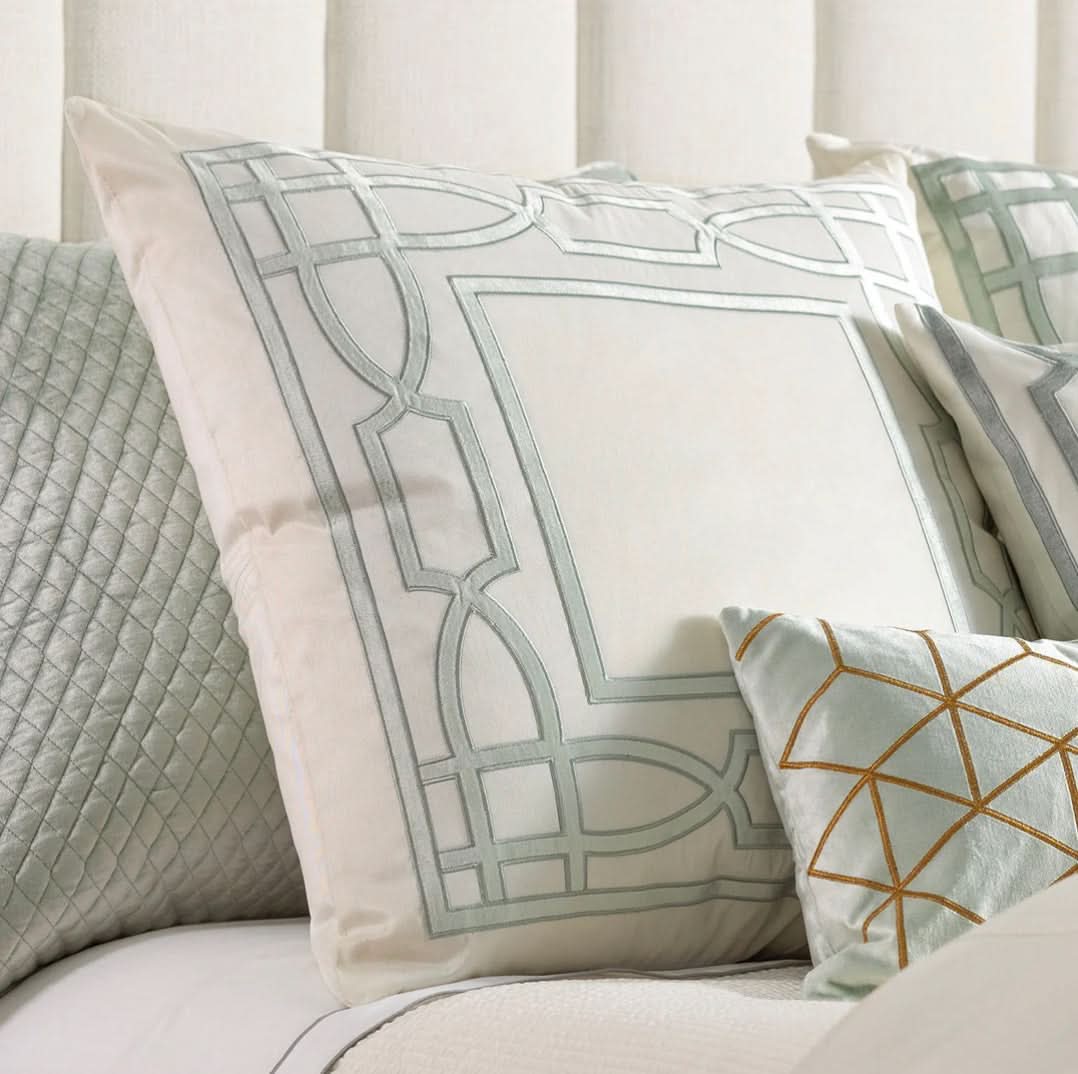 Trey Euro Border Pillow – Ivory & Aquamarine