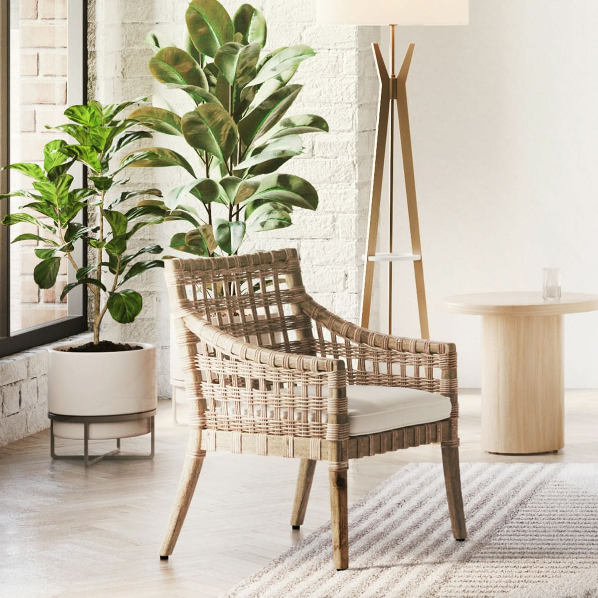 DANAE ARM CHAIR WITH SQUARE RATTAN WEAVE WITH CREAM CUSHION
