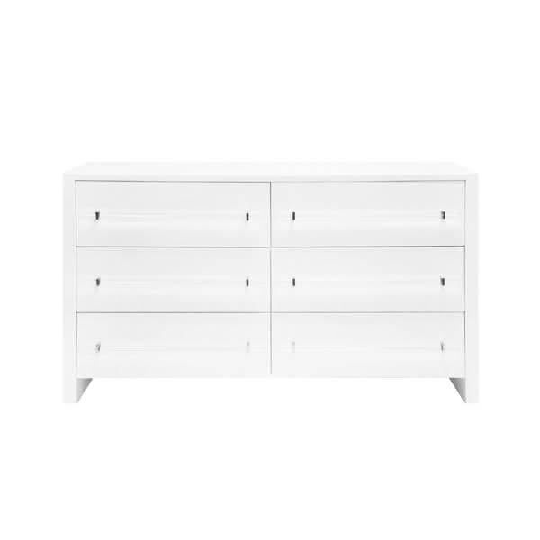 Worlds Away Luke Six Drawer Chest with Acrylic & Nickel Harware in White Lacquer